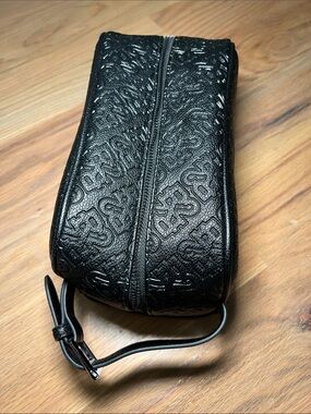 Men's Black Embossed Leather Toiletry Kit with Wrist Strap